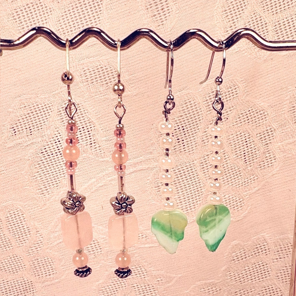 Earrings Pierced Handcrafted Unique SPECIAL SALE 2for1 Pink&Silver—Green& Pearls